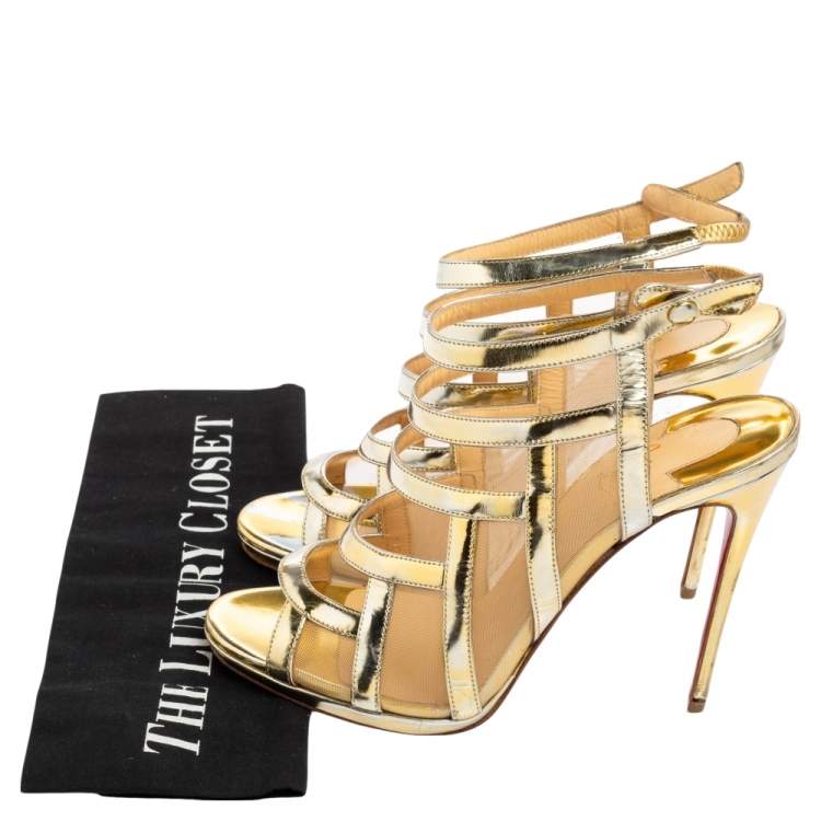 Pre Owned Christian Louboutin Metallic Gold Mesh And Leather Nicole Caged Sandals Size 38.5