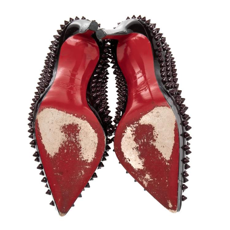 Pre Owned Christian Louboutin Burgundy Patent Leather Pigalle Plato Spikes Pumps Size 38.5