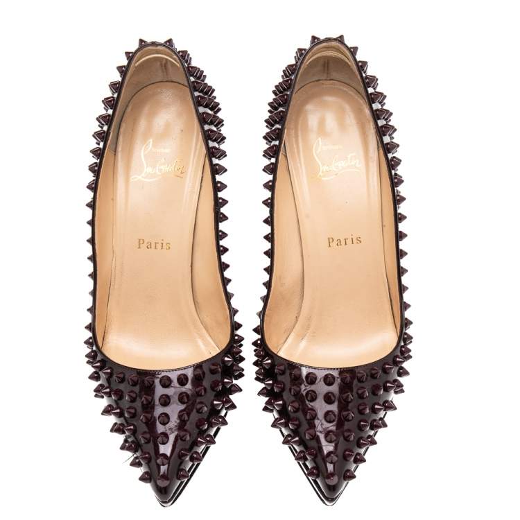 Pre Owned Christian Louboutin Burgundy Patent Leather Pigalle Plato Spikes Pumps Size 38.5