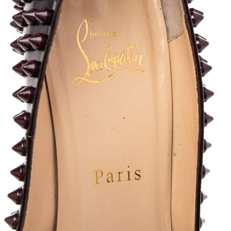 Pre Owned Christian Louboutin Burgundy Patent Leather Pigalle Plato Spikes Pumps Size 38.5