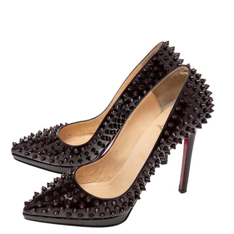 Pre Owned Christian Louboutin Burgundy Patent Leather Pigalle Plato Spikes Pumps Size 38.5