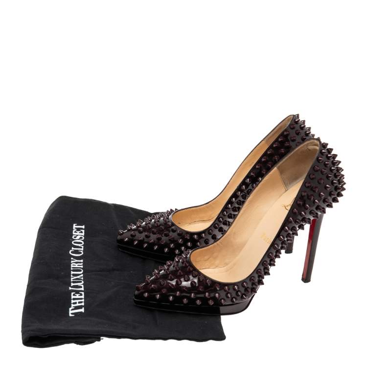 Pre Owned Christian Louboutin Burgundy Patent Leather Pigalle Plato Spikes Pumps Size 38.5