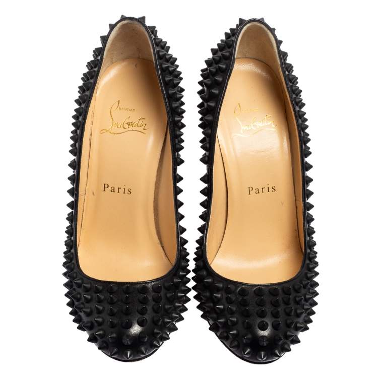 Pre Owned Christian Louboutin Black Leather Fifi Spikes Pumps Size 36