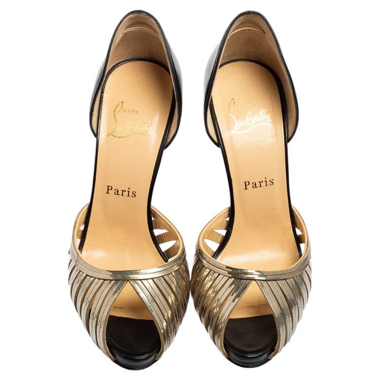Pre Owned Christian Louboutin Black/Gold Leather and Metal Corpus Peep-Toe Pumps Size 37