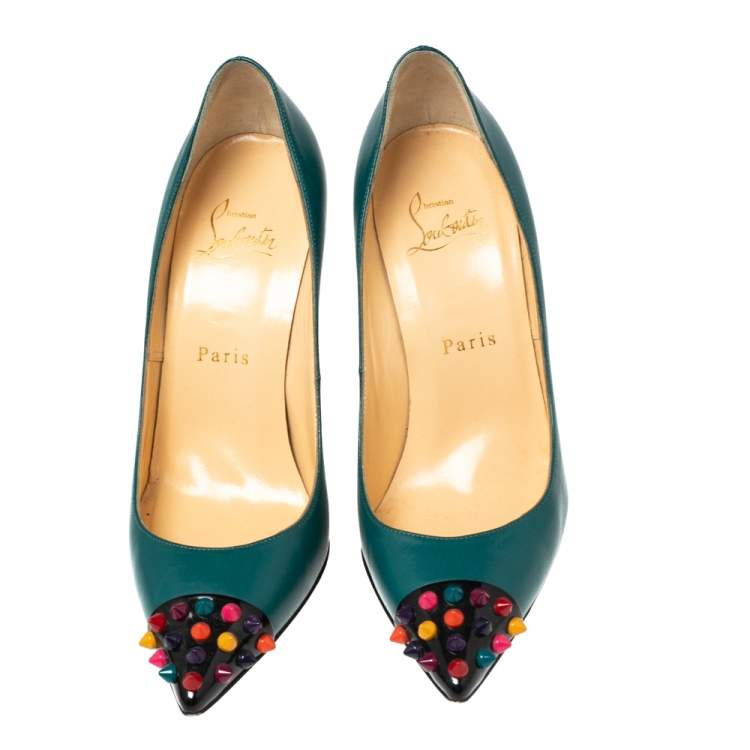 Pre Owned Christian Louboutin Green Leather Geo Spike Cap-Toe Pumps Size 36