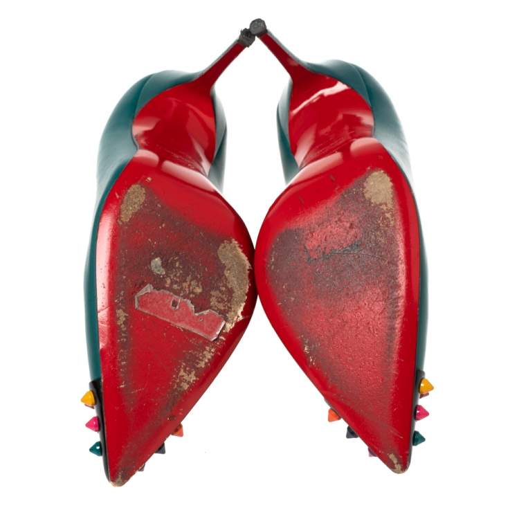 Pre Owned Christian Louboutin Green Leather Geo Spike Cap-Toe Pumps Size 36