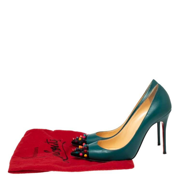 Pre Owned Christian Louboutin Green Leather Geo Spike Cap-Toe Pumps Size 36