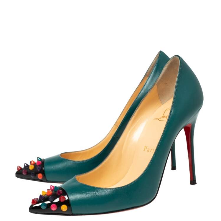 Pre Owned Christian Louboutin Green Leather Geo Spike Cap-Toe Pumps Size 36