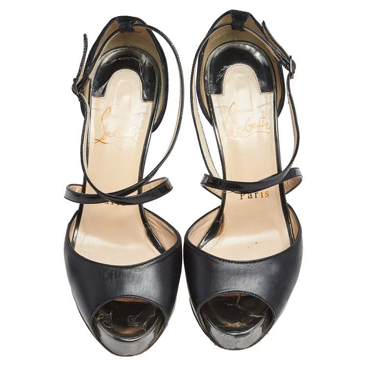 Pre Owned Christian Louboutin Black Patent And Leather Cross Me Crisscross Platform Sandals Size 35
