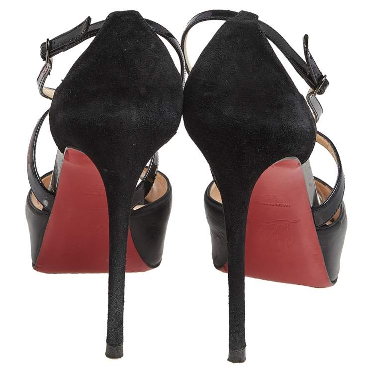 Pre Owned Christian Louboutin Black Patent And Leather Cross Me Crisscross Platform Sandals Size 35