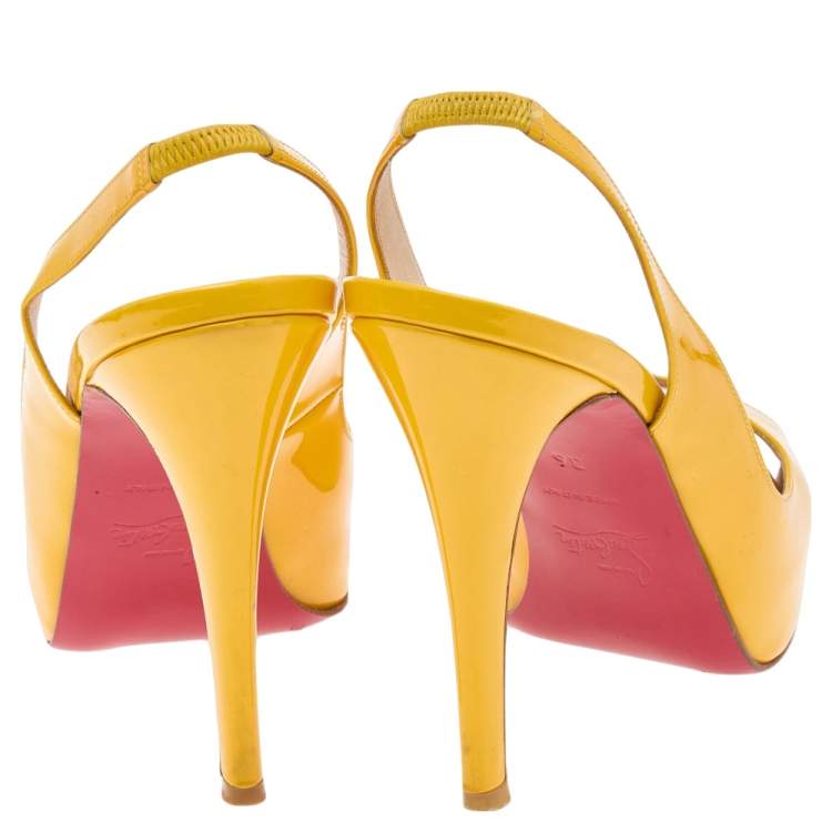 Pre Owned Christian Louboutin Yellow Patent Leather Peep Toe Platform Slingback Sandals Size 36
