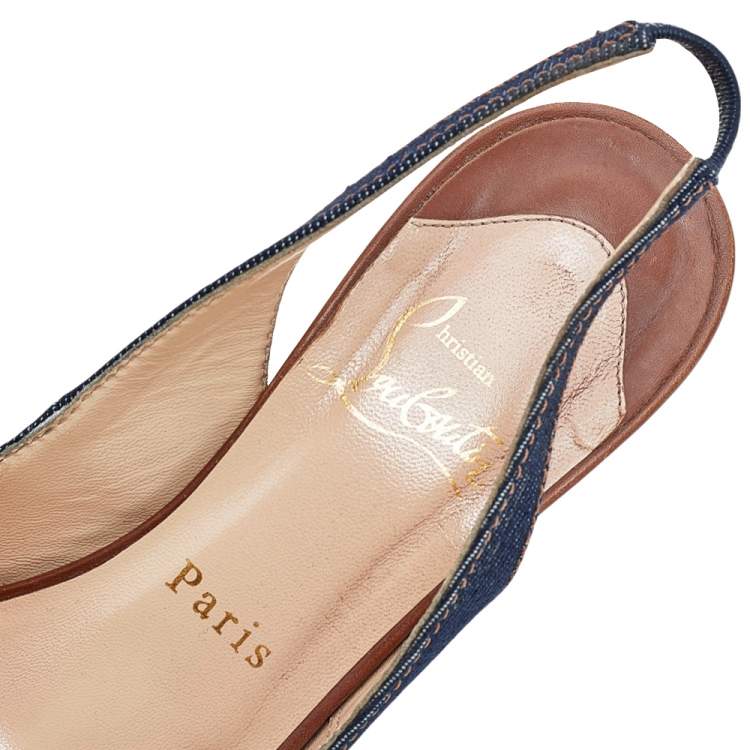 Pre Owned Christian Louboutin Blue Denim Fabric Lady Peep Toe Slingback Platform Sandals Size 36