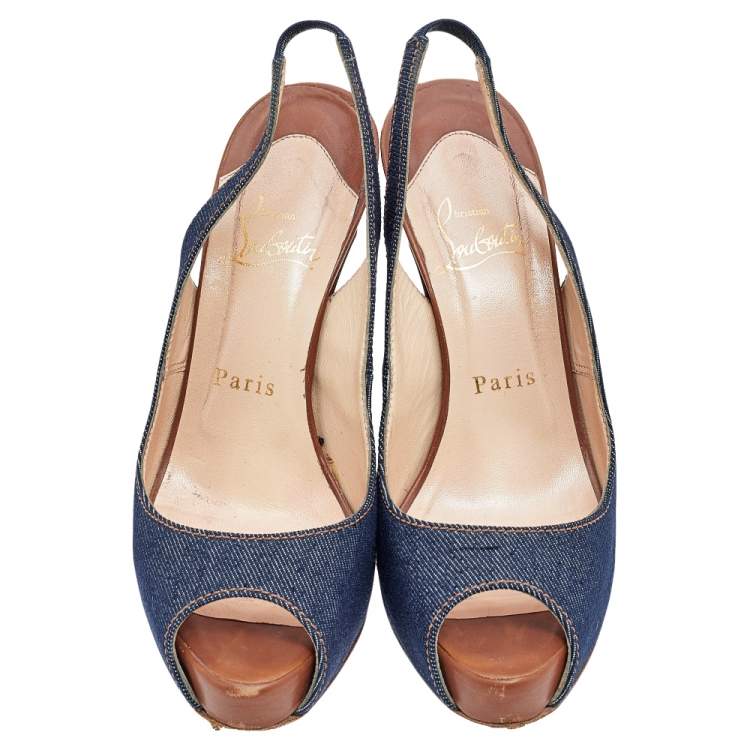 Pre Owned Christian Louboutin Blue Denim Fabric Lady Peep Toe Slingback Platform Sandals Size 36