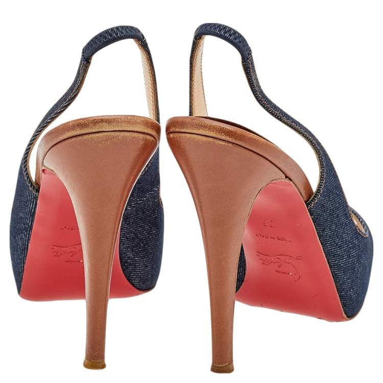 Pre Owned Christian Louboutin Blue Denim Fabric Lady Peep Toe Slingback Platform Sandals Size 36