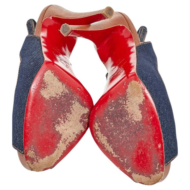 Pre Owned Christian Louboutin Blue Denim Fabric Lady Peep Toe Slingback Platform Sandals Size 36