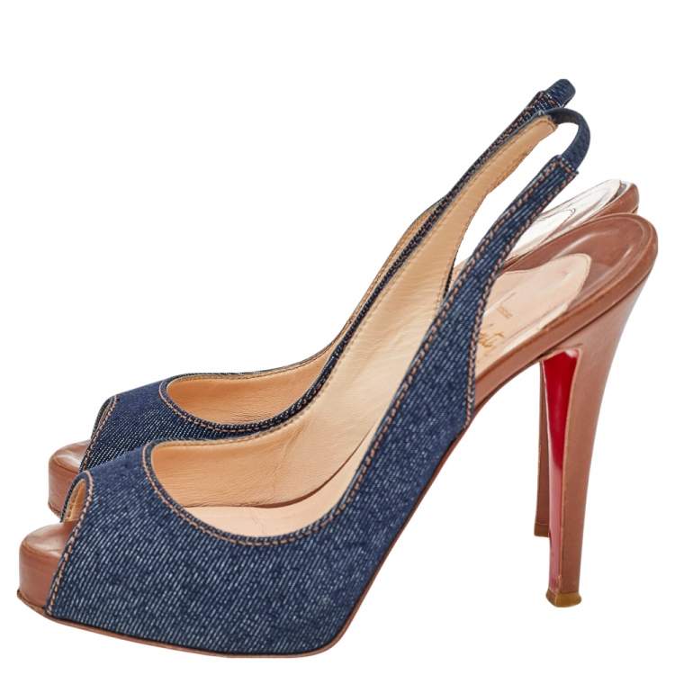 Pre Owned Christian Louboutin Blue Denim Fabric Lady Peep Toe Slingback Platform Sandals Size 36