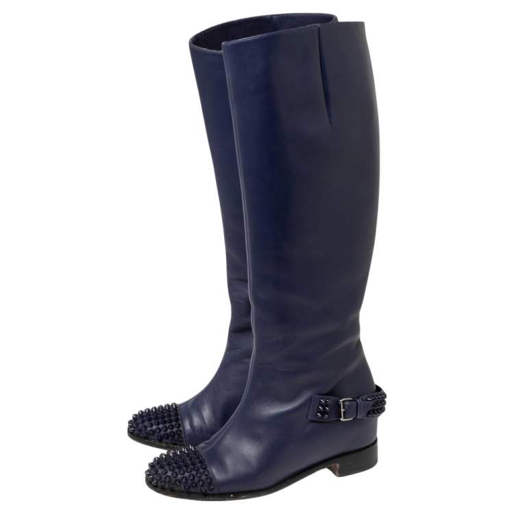 مملوكة مسبقًا Christian Louboutin Blue Leather Spiked Egoutina Knee Length Boots Size 38