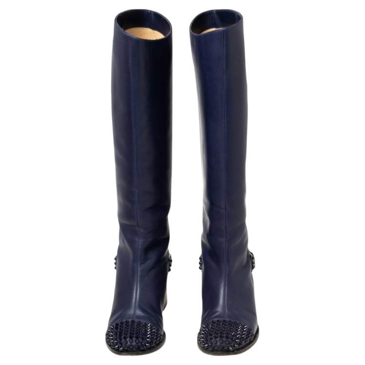 مملوكة مسبقًا Christian Louboutin Blue Leather Spiked Egoutina Knee Length Boots Size 38
