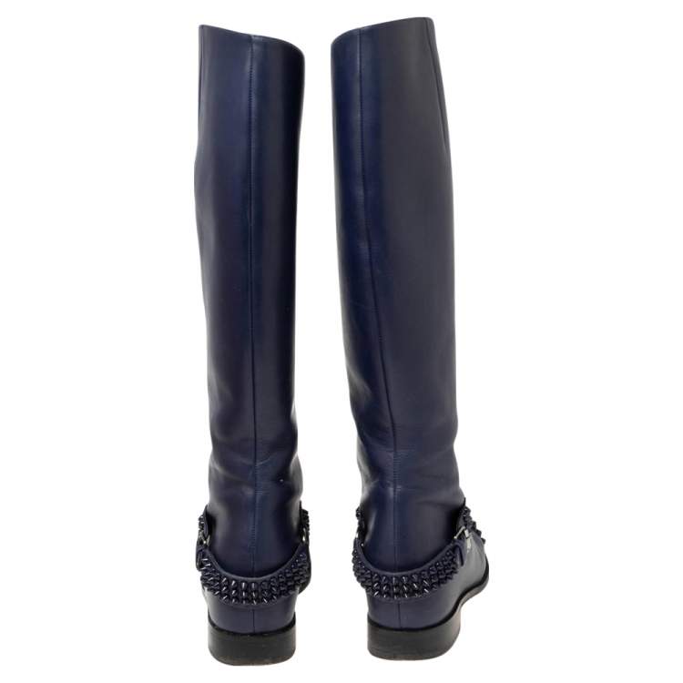 مملوكة مسبقًا Christian Louboutin Blue Leather Spiked Egoutina Knee Length Boots Size 38