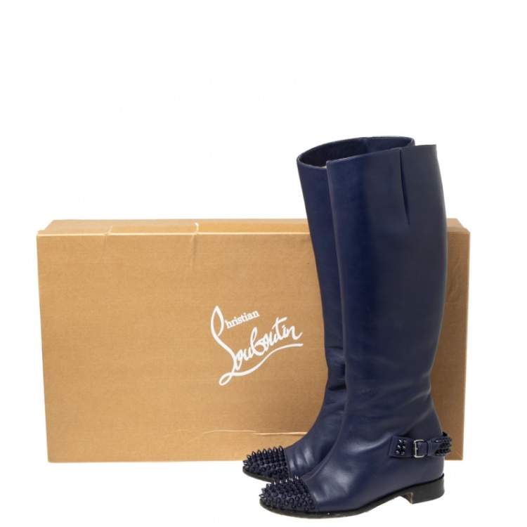 مملوكة مسبقًا Christian Louboutin Blue Leather Spiked Egoutina Knee Length Boots Size 38