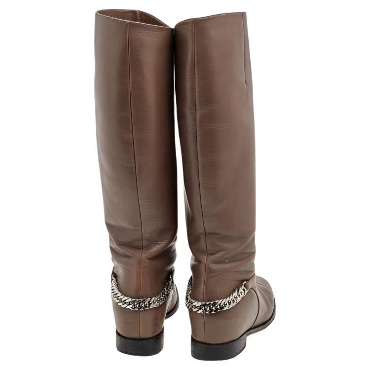 Pre Owned Christian Louboutin Grey Leather Cate Chain Knee Length Boots Size 39