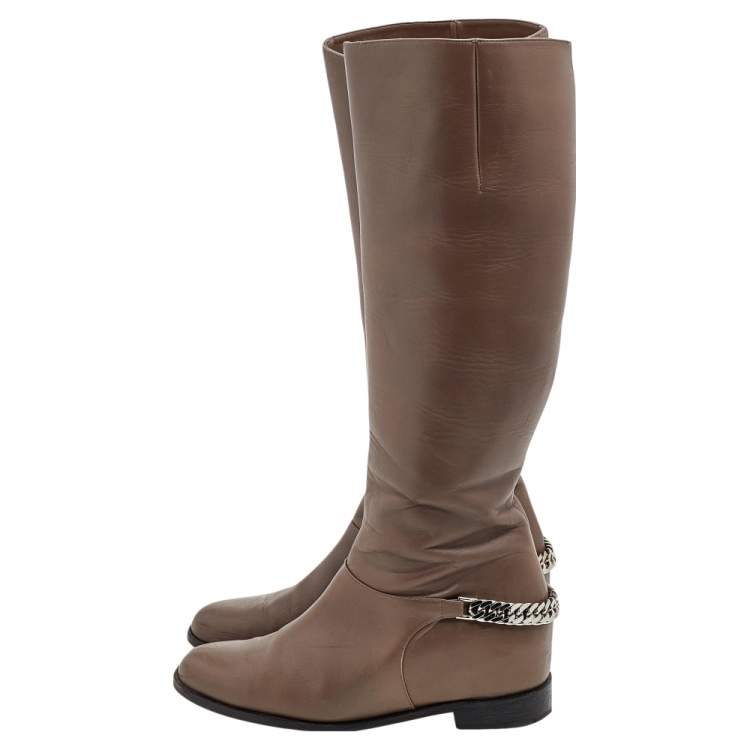 Pre Owned Christian Louboutin Grey Leather Cate Chain Knee Length Boots Size 39