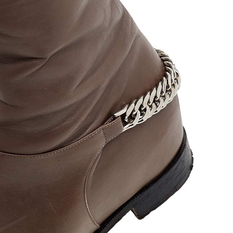 Pre Owned Christian Louboutin Grey Leather Cate Chain Knee Length Boots Size 39