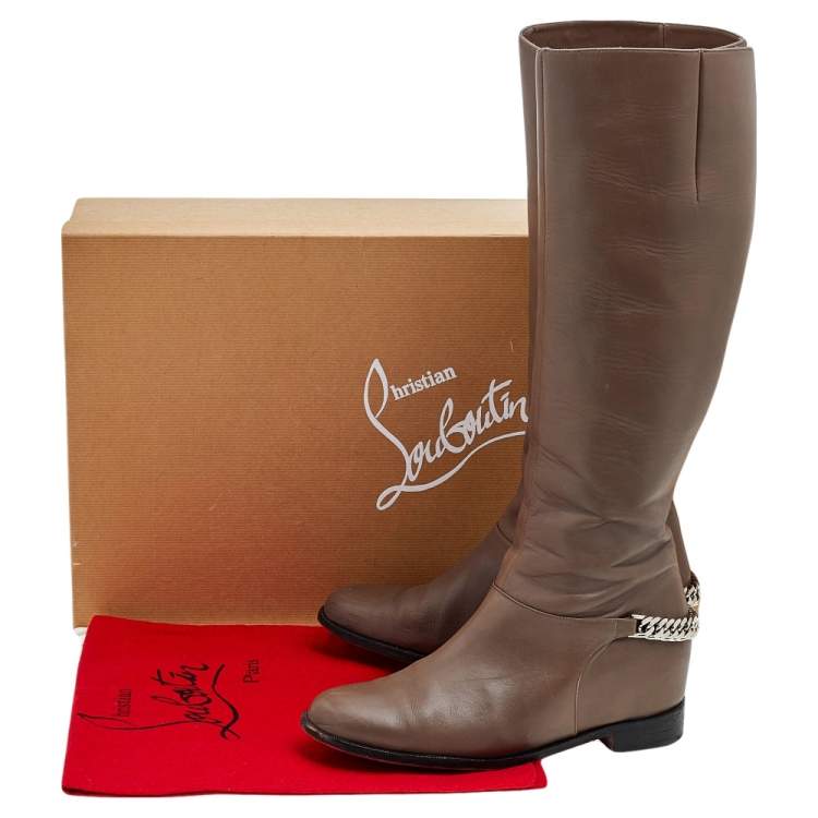 Pre Owned Christian Louboutin Grey Leather Cate Chain Knee Length Boots Size 39