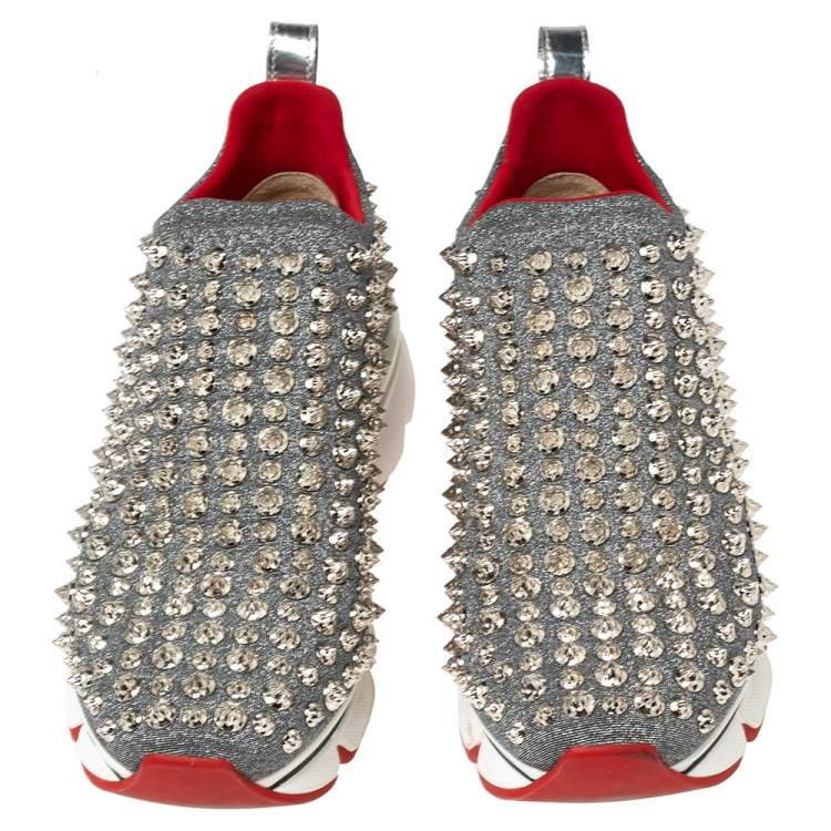 مملوكة مسبقًا Christian Louboutin Silver Neoprene Spike Sock Slip On Platform Sneakers Size 36