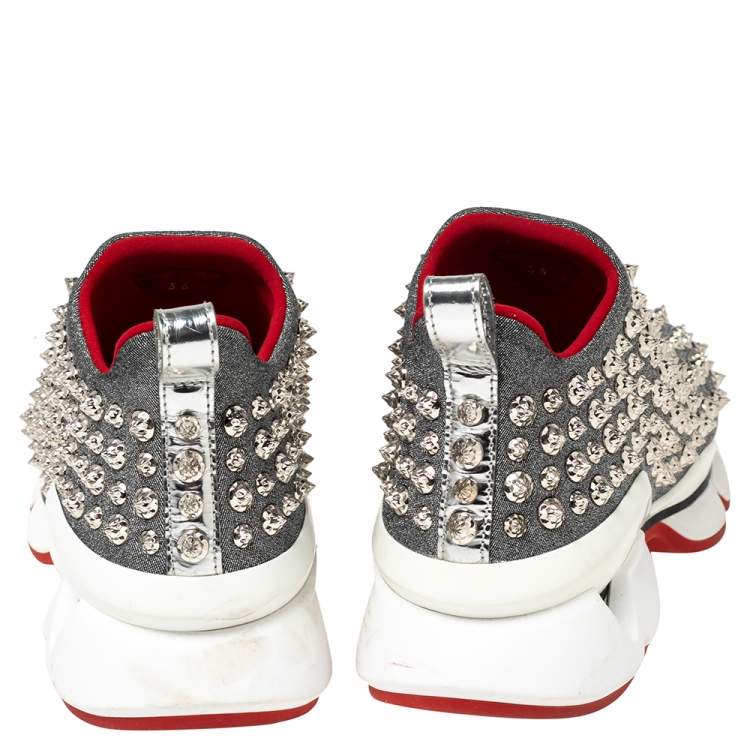 مملوكة مسبقًا Christian Louboutin Silver Neoprene Spike Sock Slip On Platform Sneakers Size 36