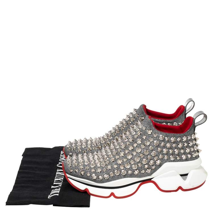 مملوكة مسبقًا Christian Louboutin Silver Neoprene Spike Sock Slip On Platform Sneakers Size 36