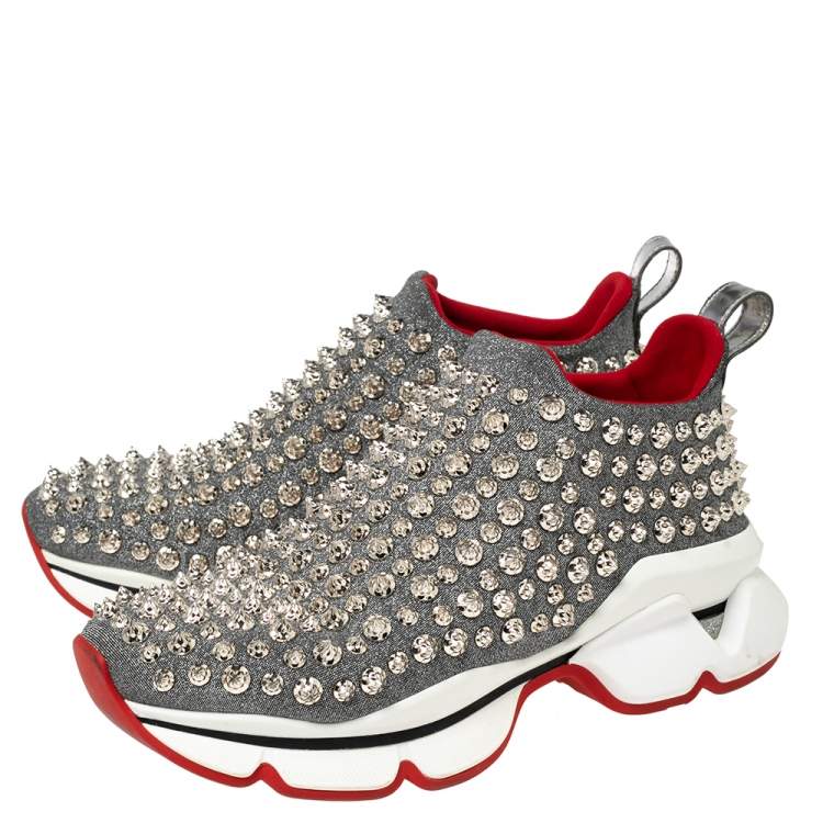 مملوكة مسبقًا Christian Louboutin Silver Neoprene Spike Sock Slip On Platform Sneakers Size 36