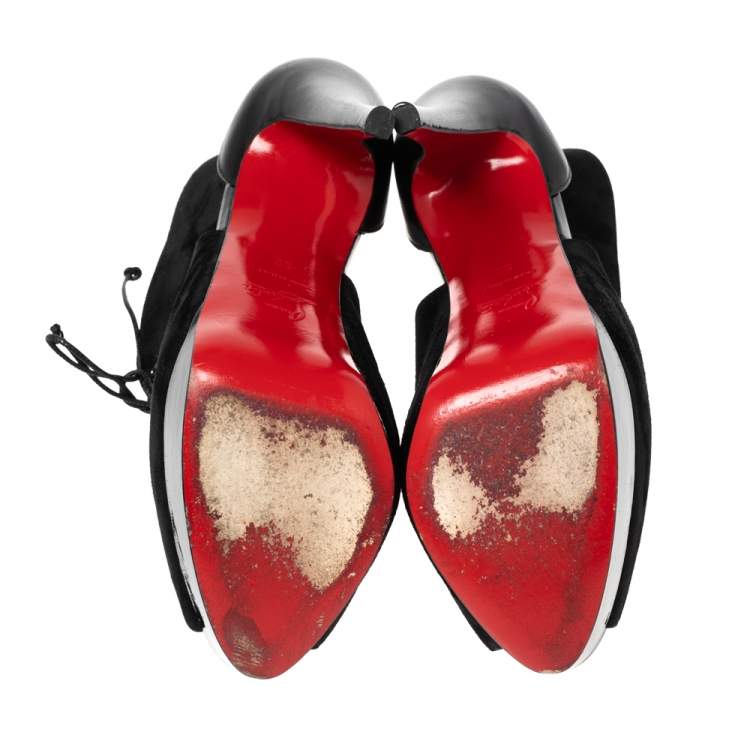 Pre Owned Christian Louboutin Black Suede Lace-Up Peep-Toe Ankle Pumps Size 39
