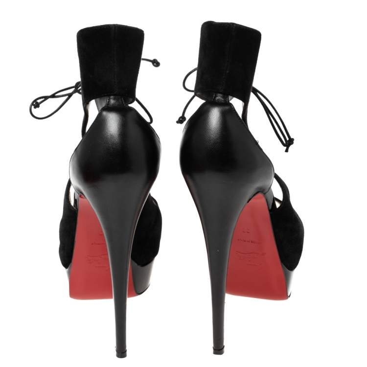 Pre Owned Christian Louboutin Black Suede Lace-Up Peep-Toe Ankle Pumps Size 39