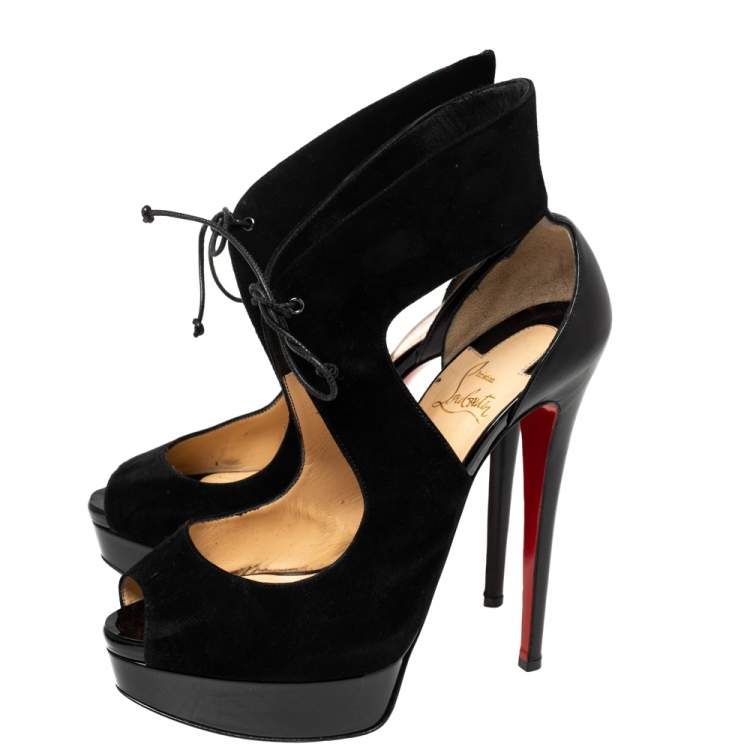 Pre Owned Christian Louboutin Black Suede Lace-Up Peep-Toe Ankle Pumps Size 39