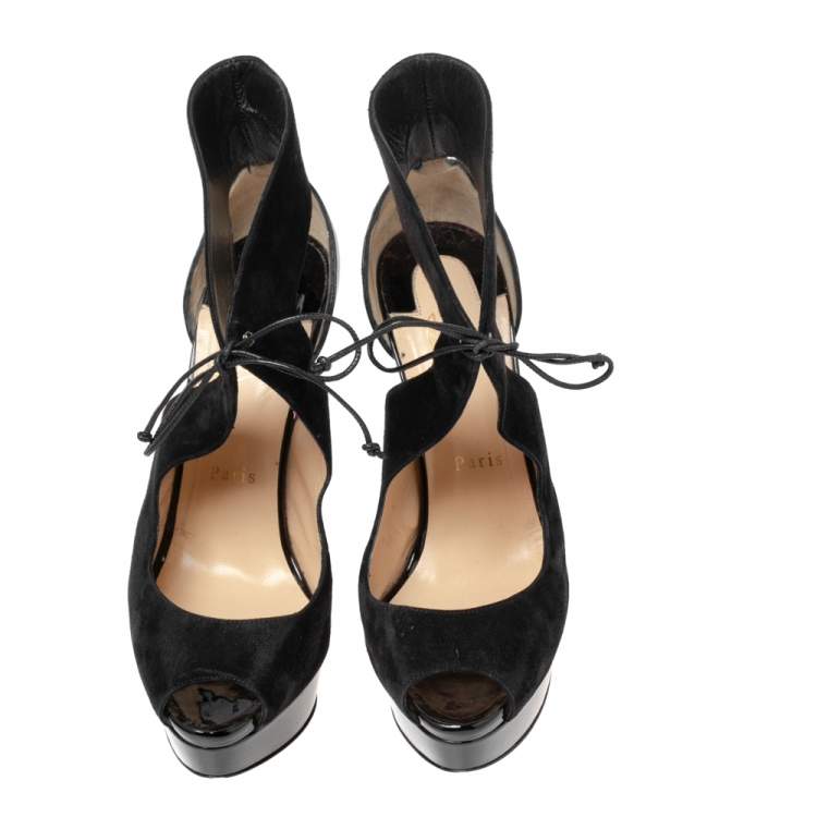 Pre Owned Christian Louboutin Black Suede Lace-Up Peep-Toe Ankle Pumps Size 39