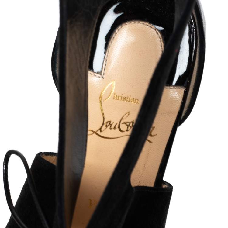 Pre Owned Christian Louboutin Black Suede Lace-Up Peep-Toe Ankle Pumps Size 39