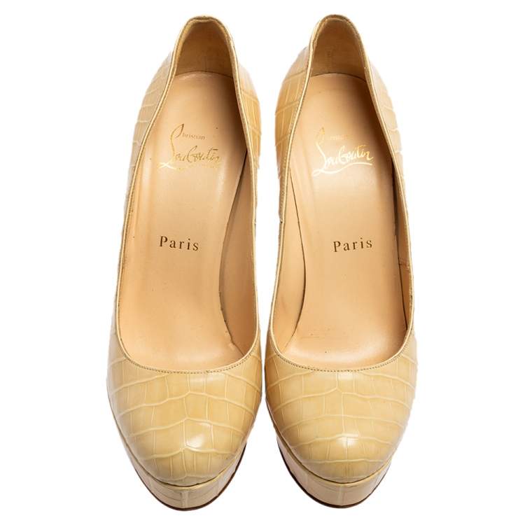 Pre Owned Christian Louboutin Beige Croc Embossed Leather Bianca Platform Pumps Size 37