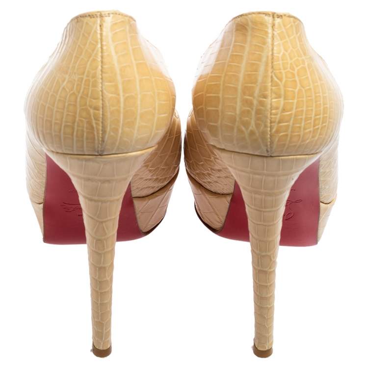 Pre Owned Christian Louboutin Beige Croc Embossed Leather Bianca Platform Pumps Size 37