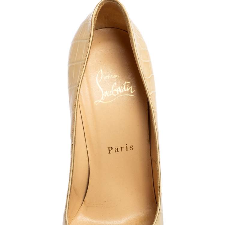 Pre Owned Christian Louboutin Beige Croc Embossed Leather Bianca Platform Pumps Size 37
