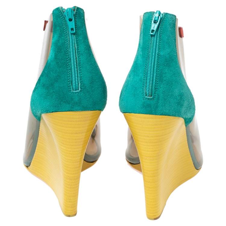 Pre Owned Christian Louboutin Multicolor PVC, Suede and Leather Trim Peep-Toe Wedge Booties Size 37