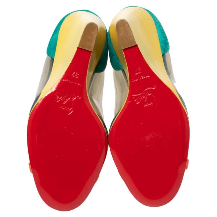 Pre Owned Christian Louboutin Multicolor PVC, Suede and Leather Trim Peep-Toe Wedge Booties Size 37