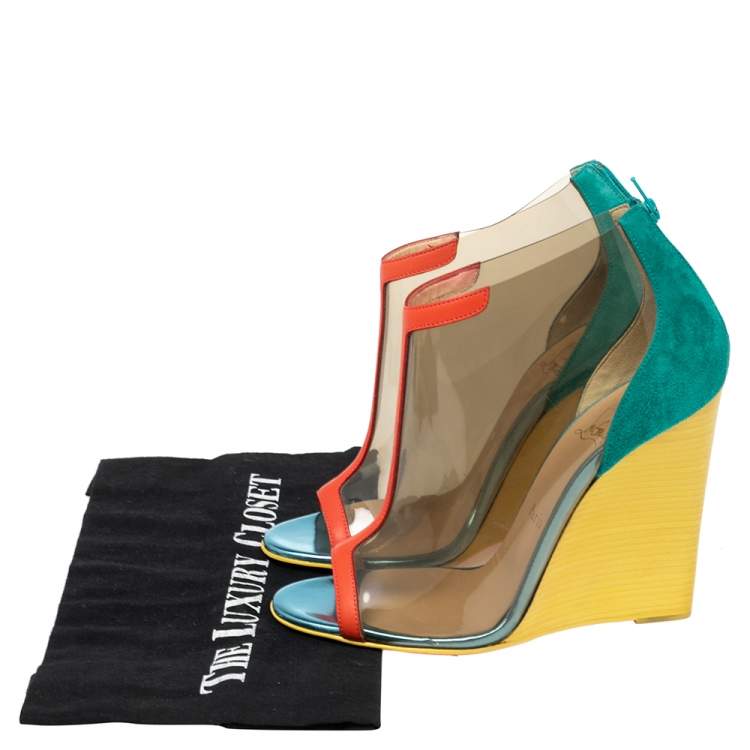 Pre Owned Christian Louboutin Multicolor PVC, Suede and Leather Trim Peep-Toe Wedge Booties Size 37