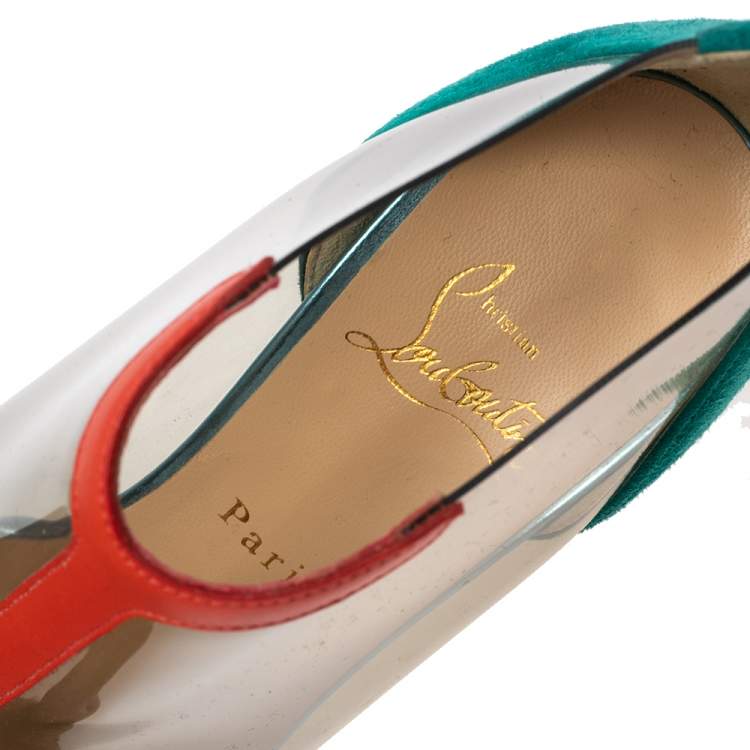 Pre Owned Christian Louboutin Multicolor PVC, Suede and Leather Trim Peep-Toe Wedge Booties Size 37