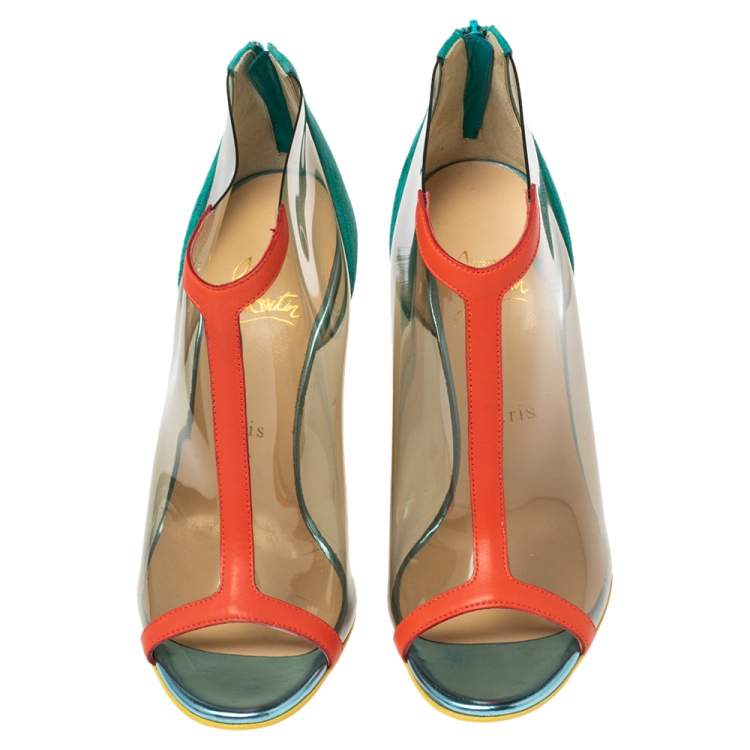 Pre Owned Christian Louboutin Multicolor PVC, Suede and Leather Trim Peep-Toe Wedge Booties Size 37