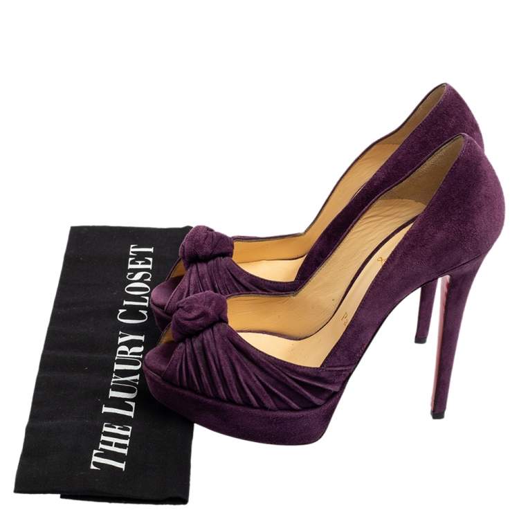 Pre Owned Christian Louboutin Purple Suede Knotted Greissimo Peep-Toe Platform Pumps Size 37