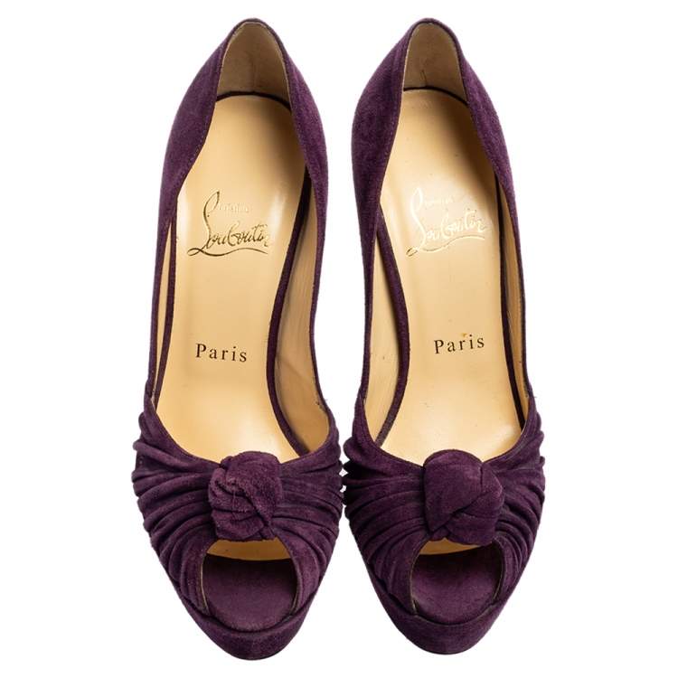 Pre Owned Christian Louboutin Purple Suede Knotted Greissimo Peep-Toe Platform Pumps Size 37