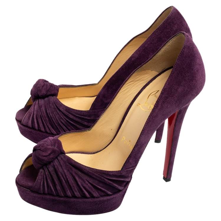 Pre Owned Christian Louboutin Purple Suede Knotted Greissimo Peep-Toe Platform Pumps Size 37
