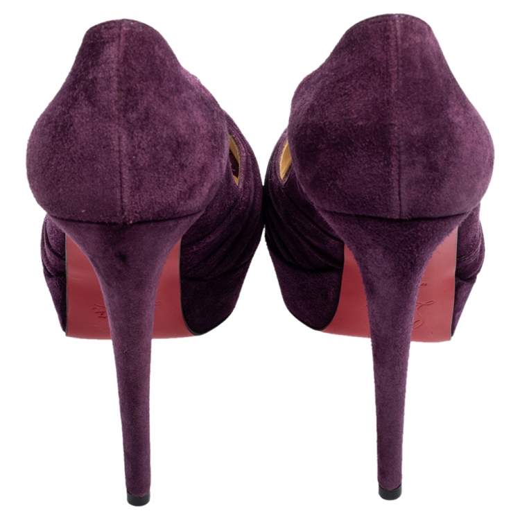 Pre Owned Christian Louboutin Purple Suede Knotted Greissimo Peep-Toe Platform Pumps Size 37