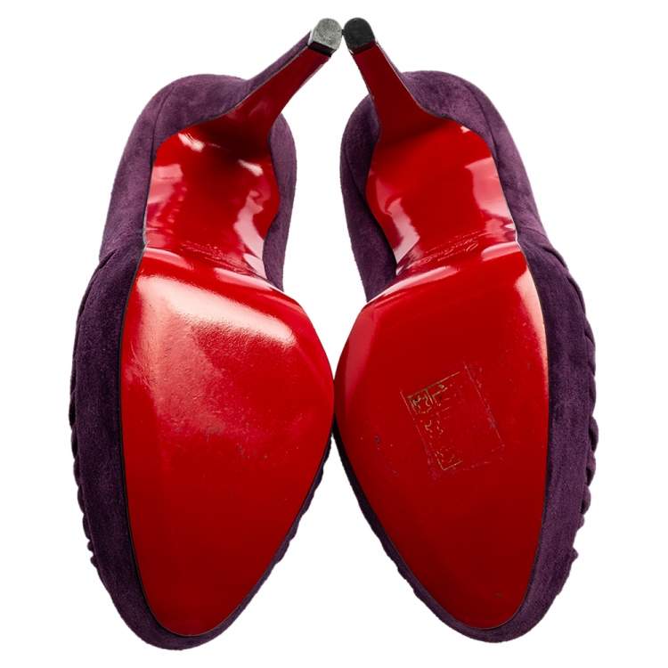 Pre Owned Christian Louboutin Purple Suede Knotted Greissimo Peep-Toe Platform Pumps Size 37